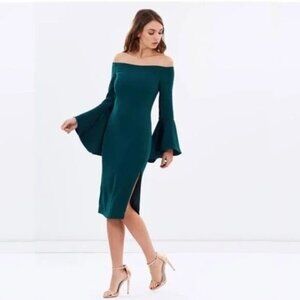 NWT Bardot Off The Shoulder Bell Sleeve Midi Length Solange Dress Women 8 Teal